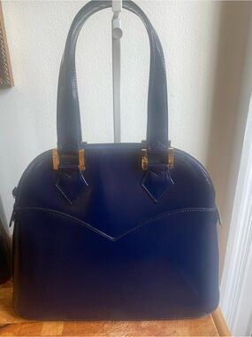 Yves Saint Laurent Blue Patent Leather Structured Satchel with Gold Hardware EUC